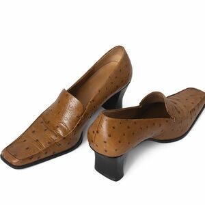 Vintage Franco‎ Sarto Tan Ostrich Leather Block Heel Loafers Made in Brazil 7.5